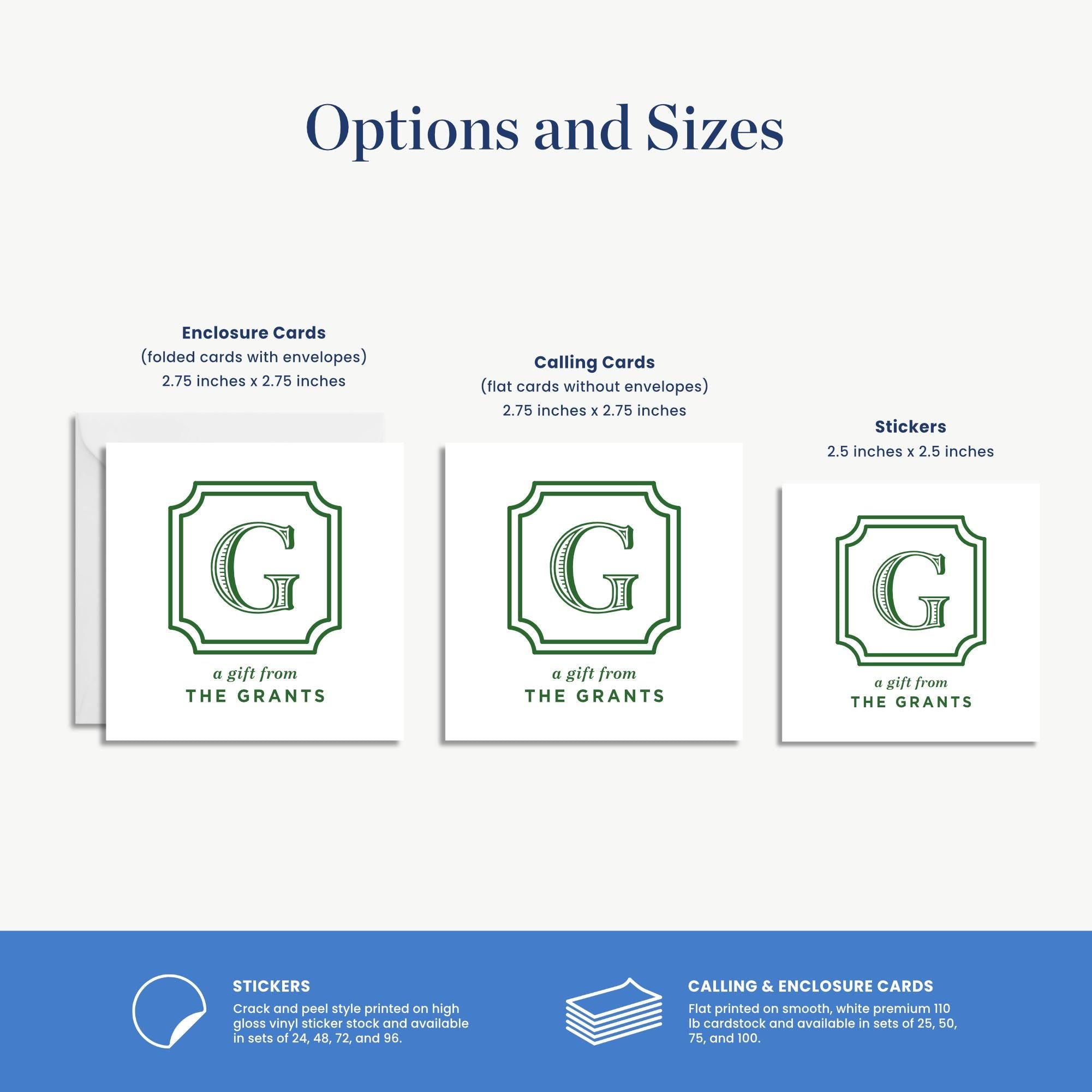 three different options and sizes of enclosures and stickers, along with a description of each option and size.