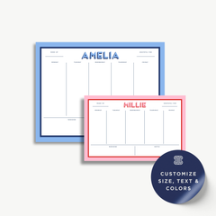 two colorful planners or schedules, one in blue and one in pink, with the names "Amelia" and "Millie" written on them. The planners appear to be personalized and customizable, with the option to adjust the size, text, and colors to suit individual preferences.
