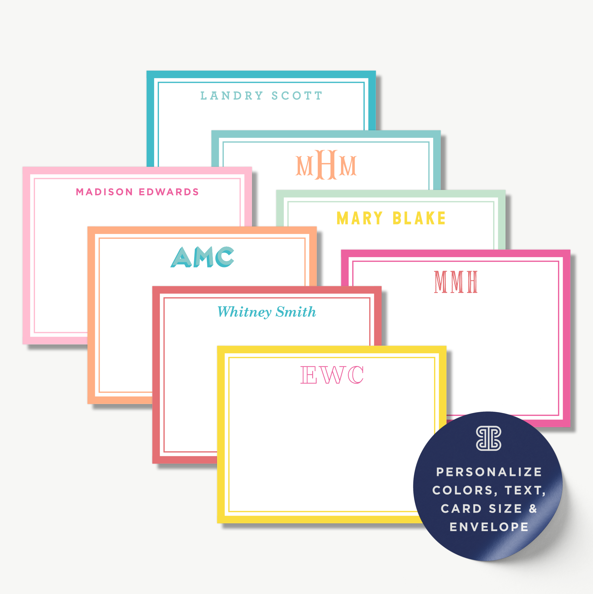 a collection of personalized name cards with various names and monogrammed initials.