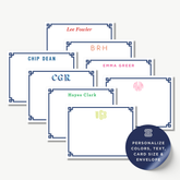 a collection of personalized name cards with various monogrammed initials and names, including Lee Fowler, Chip Dean, Emma Greer, Hayes Clark, and WGB. The cards are arranged in a row, with each card featuring a unique monogram and color scheme.