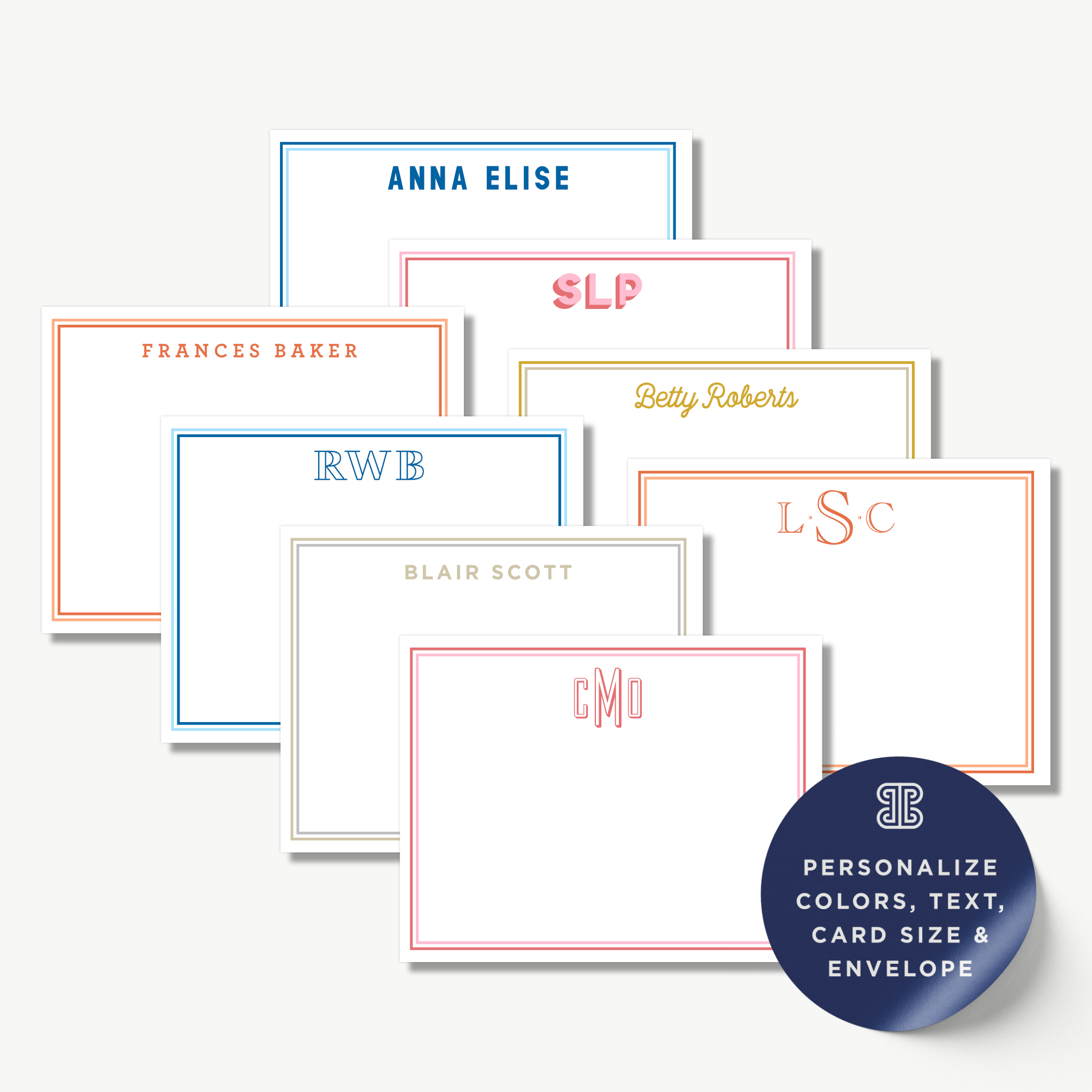 a collection of personalized stationery items, including name cards and envelopes, each with unique monogrammed text and color schemes.