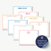 a collection of personalized stationery items, including name cards and envelopes, each with unique monogrammed text and color schemes.