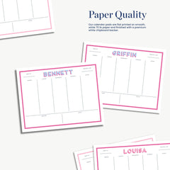 several pink and white paper quality cards with names printed on them, along with a section for a calendar.