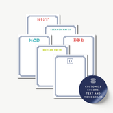 a collection of personalized stationery items, including name cards and monograms, with various names and monograms displayed on them.