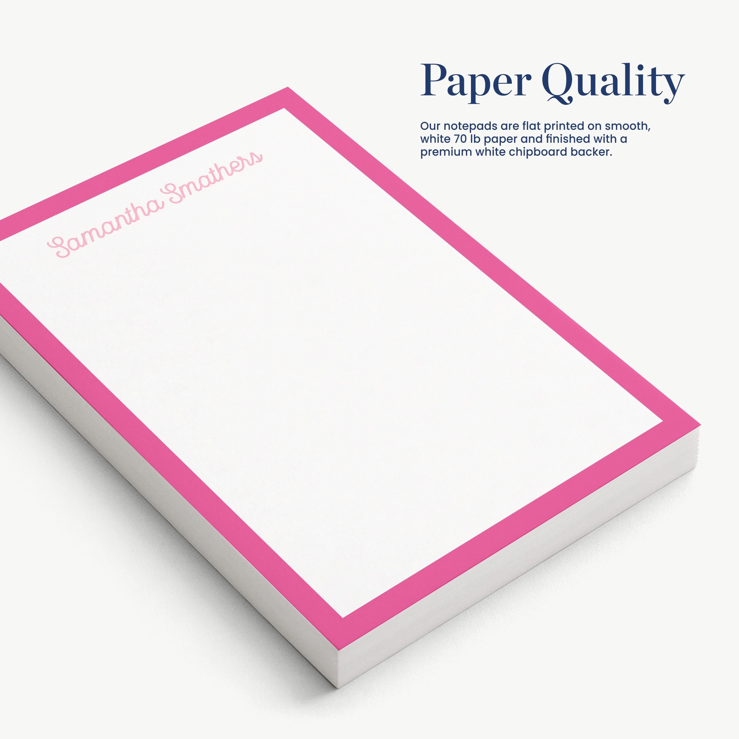 a set of pink and white notepads with a pink border, arranged on a white background.