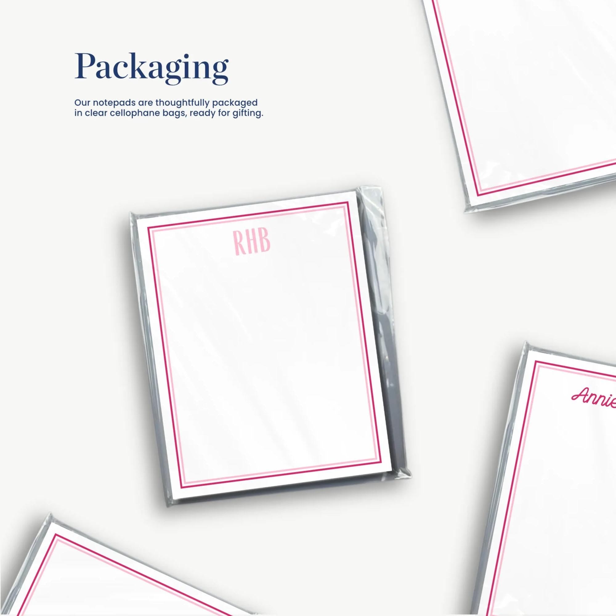 several blank personalized stationery items, including a note card with the name "Rib" and a note card with the name "Anne Adams". The stationery items are packaged in clear cellulose bags, ready for gifting.