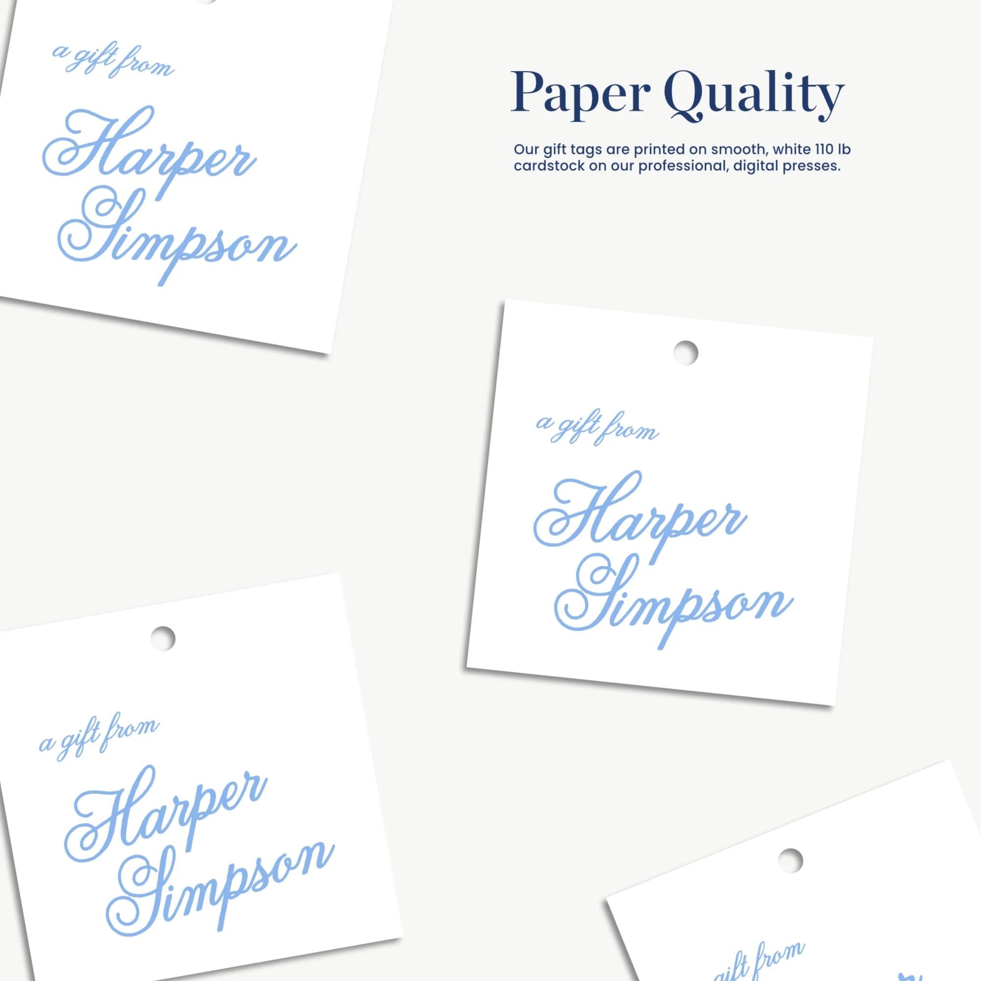 a collection of gift tags with the name "Harper Simpson" printed on them. The tags are printed on smooth, white paper and are designed to be used as digital gift tags.