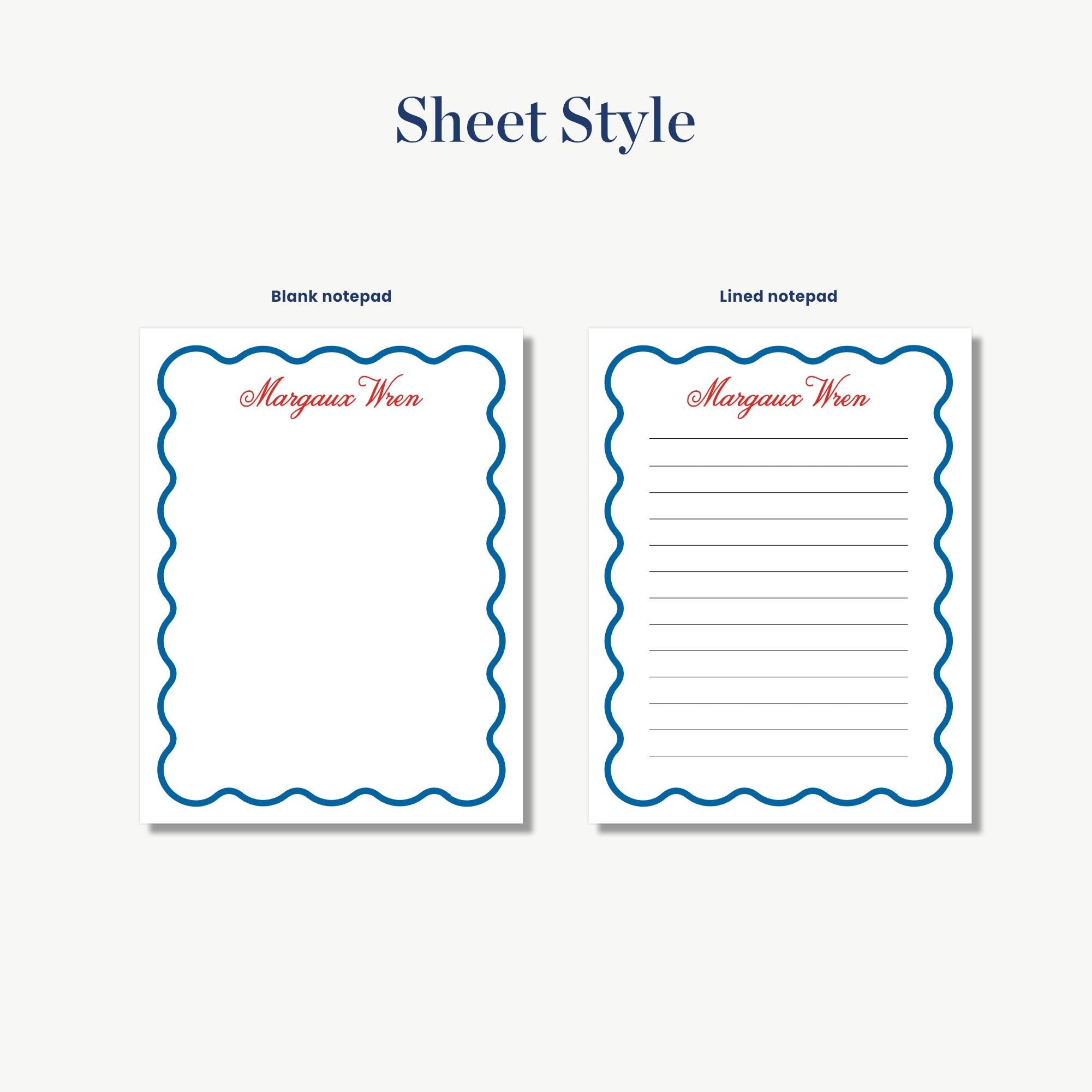 two blank notepads with a scalloped edge and a lined pad, both featuring the same design.