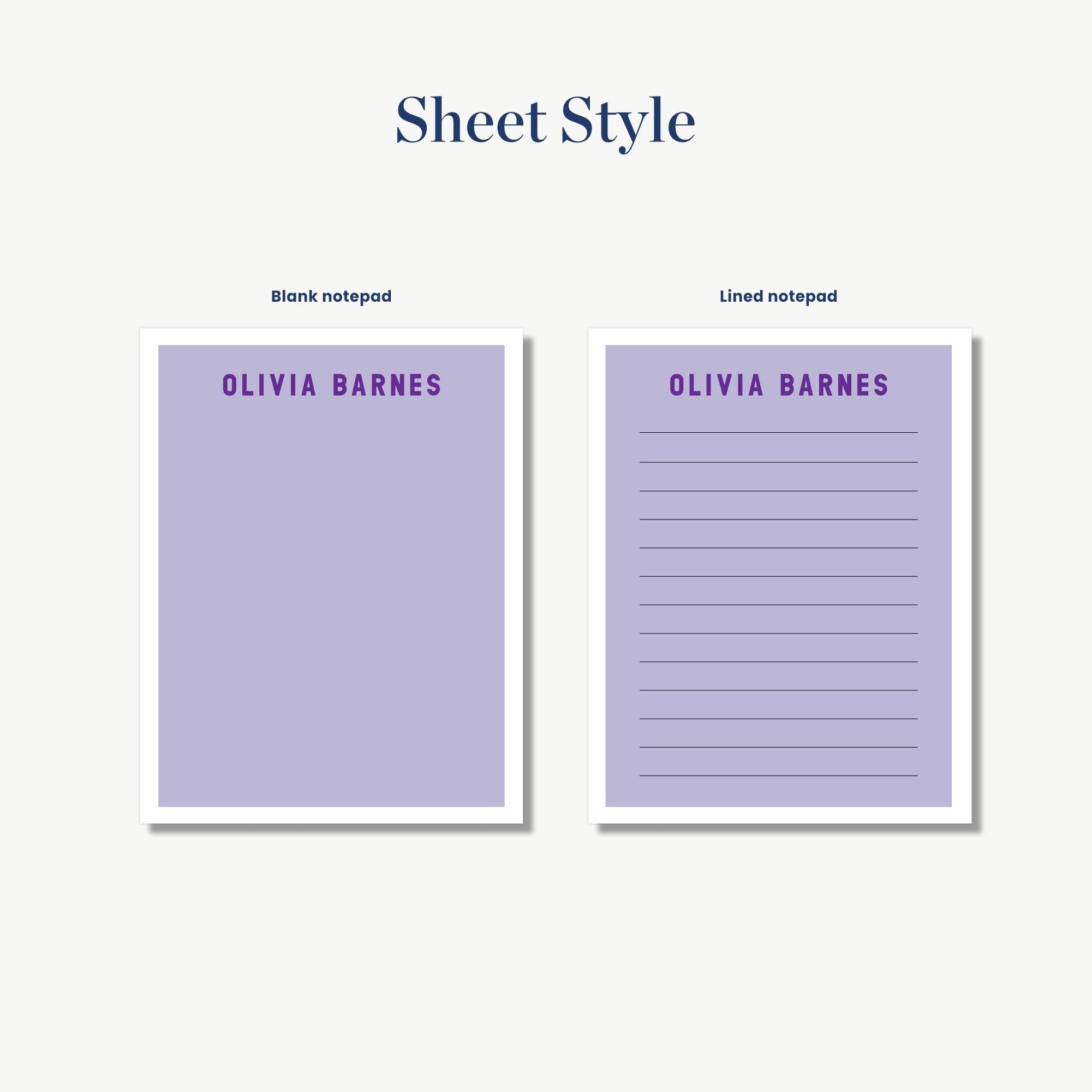 two different sheet styles, one with a blank pad and the other with lined pads. The sheet style is labeled as "Sheet Style" and the names "Olivia Barnes" are written on both pads.