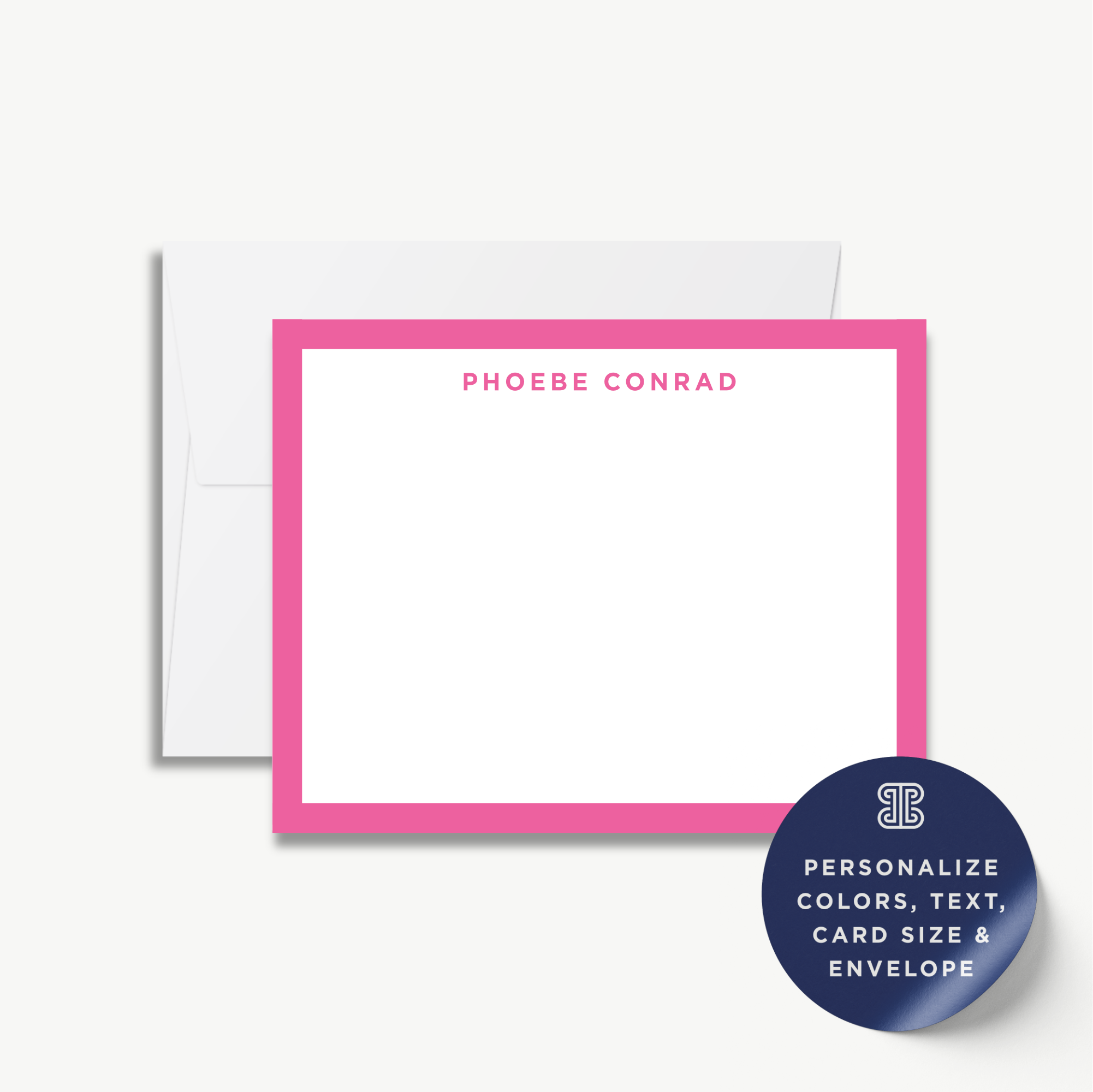 a blank personalized note card with a pink border and a white background. The card is accompanied by a label that provides information about the card's customization options, including the ability to personalize colors, text, card size, and envelope.