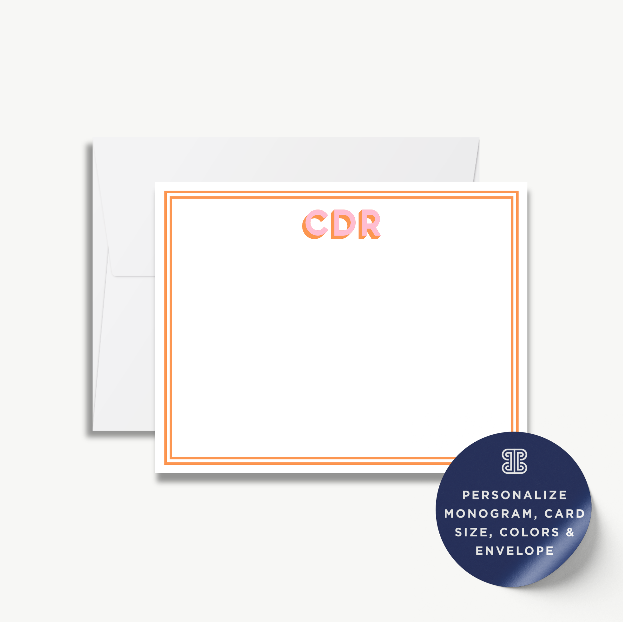 a white card with an orange border and the initials "CDR" printed on it. The card is placed next to an envelope, which has a label that reads "Personalize Monogram, Card Size, Colors & Envelope".
