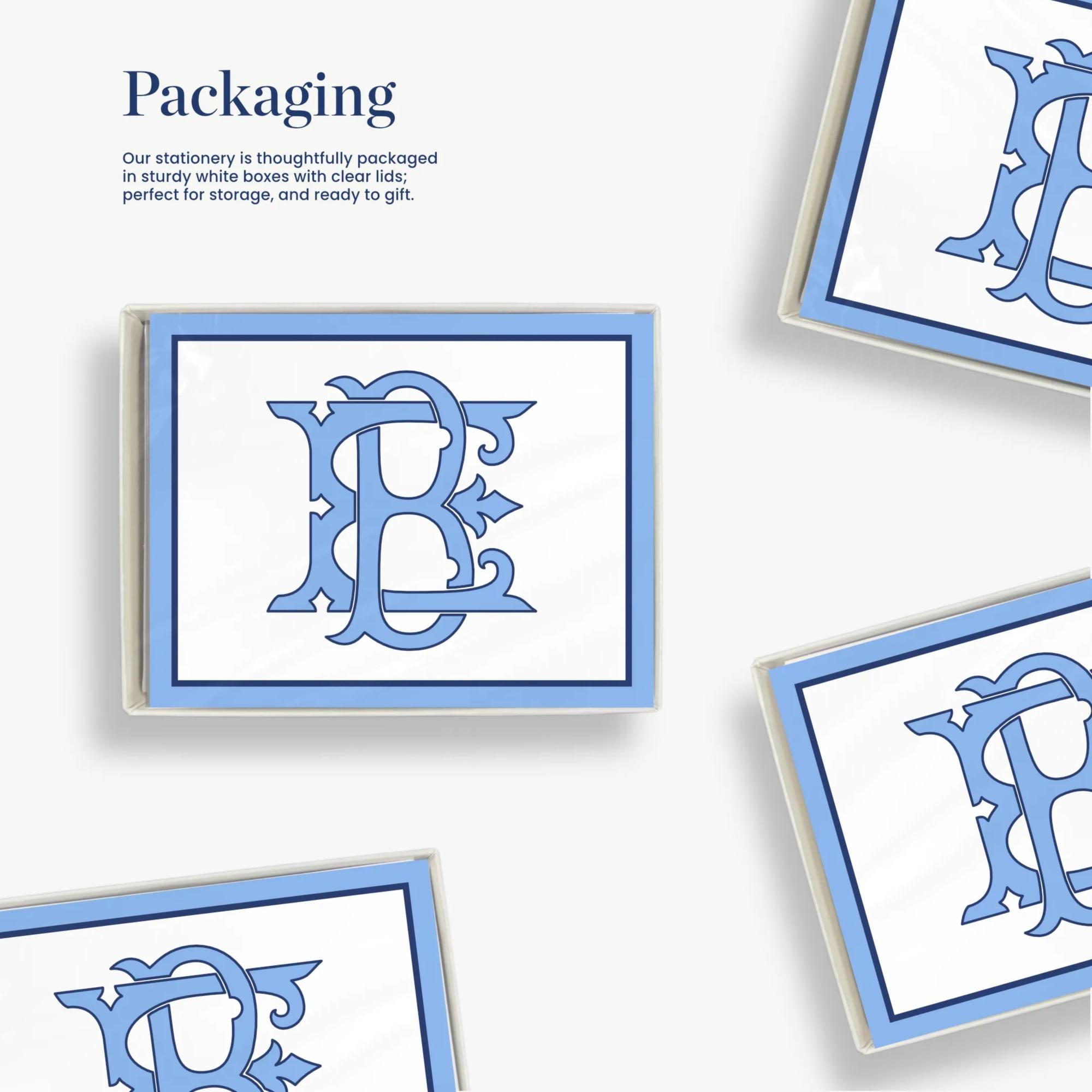 a collection of four identical square images, each featuring a blue and white monogram design.