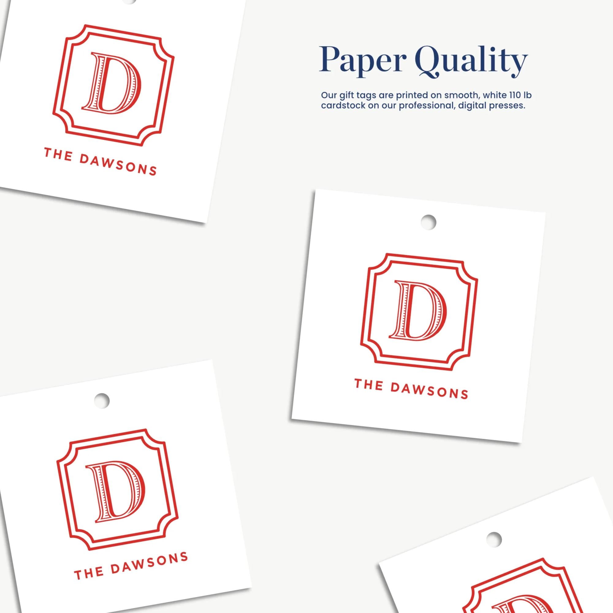a collection of four identical white tags with a red logo and text, all featuring the same design and text.