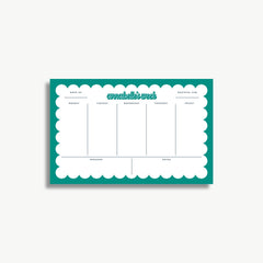 The image is a colorful and organized weekly schedule or planner with a teal border and a scalloped edge. It includes a title at the top, a grid layout with days of the week, and sections for notes and activities.
