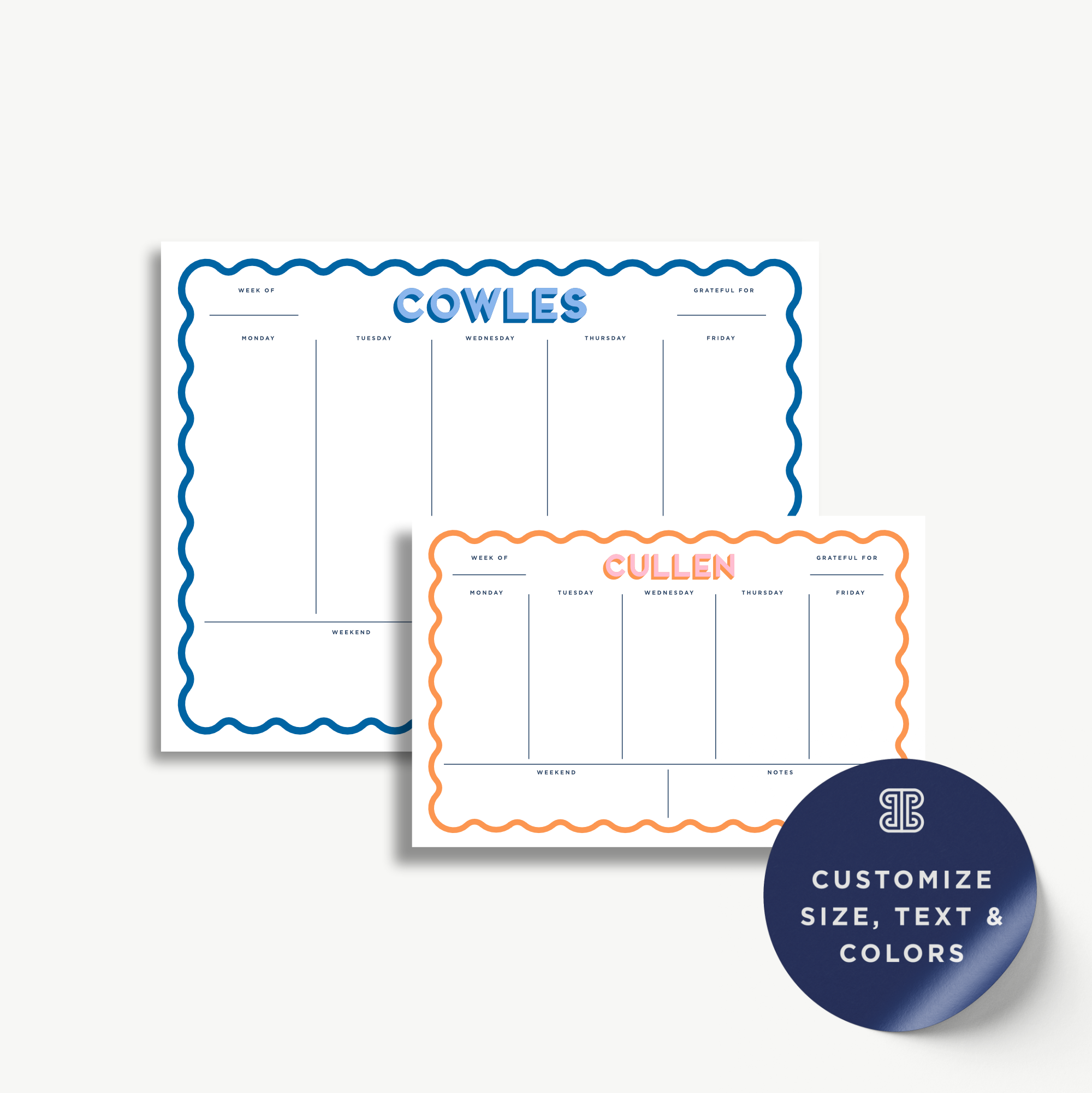 two planners with a blue and orange border, each with a different name and a weekly schedule. The planners are labeled "COWLES" and "CULLEN" respectively, and they are designed to help users organize their tasks and appointments.