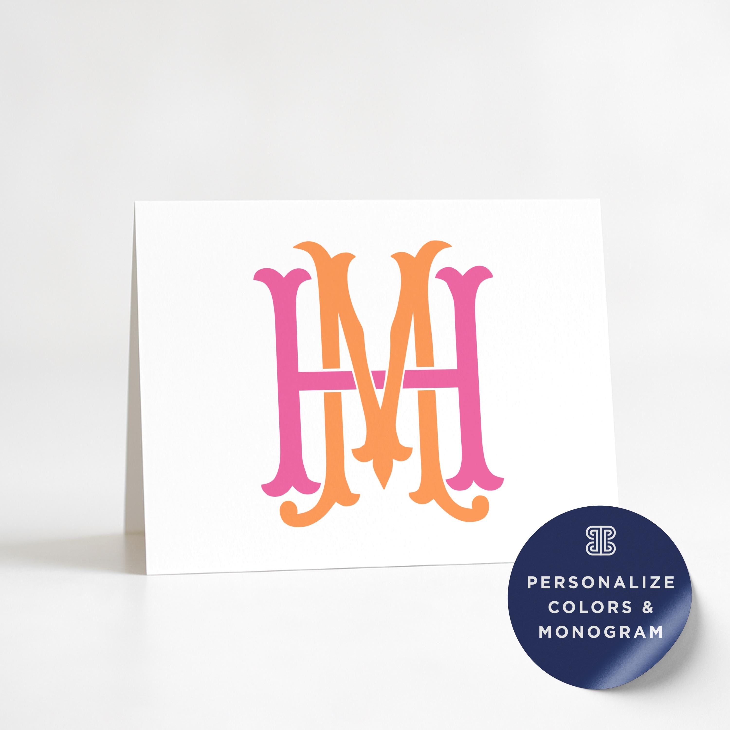 a white card with a large, colorful monogram of the letters 'HMS' in pink and orange.