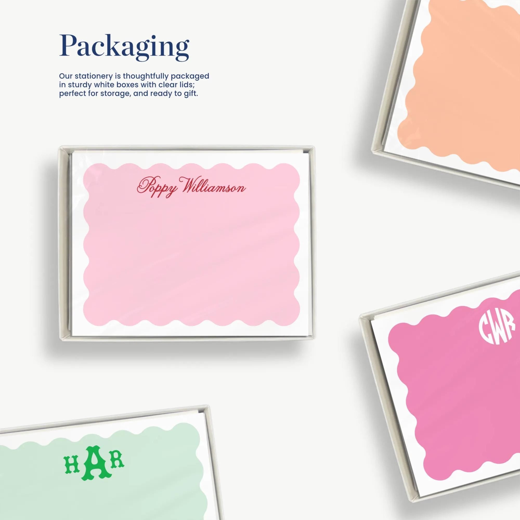 a variety of colorful, scalloped-edge notepads and envelopes, each with a unique design and color. The text above the image reads "Packaging", and below it, there is a description of the items. The image is not a single scene but rather a collection of different notepads and envelopes, each with its own distinct design and color.