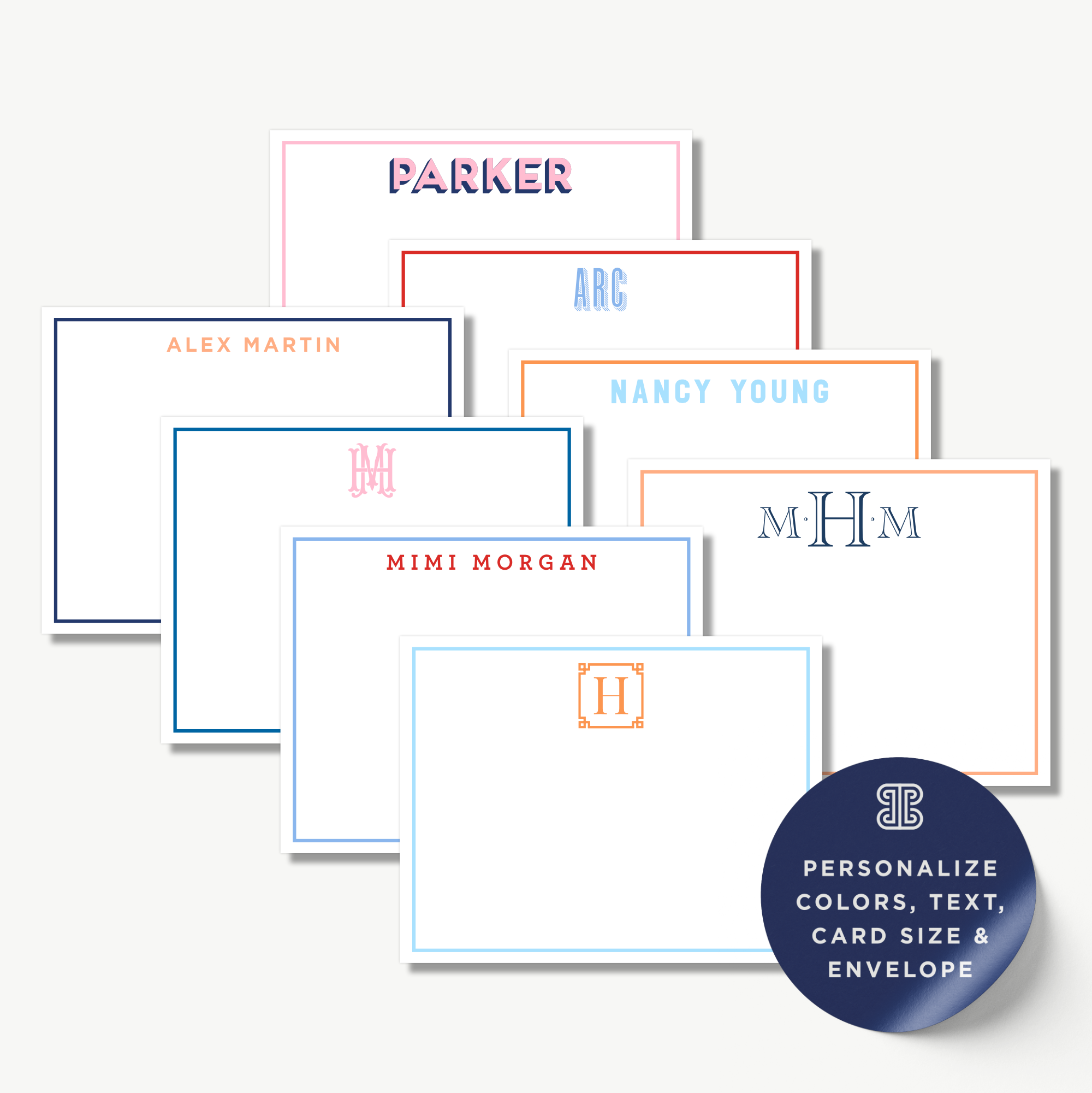 a collection of personalized stationery items, including name cards and envelopes, each with unique monogrammed initials and designs.