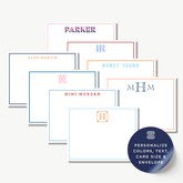 a collection of personalized stationery items, including name cards and envelopes, each with unique monogrammed initials and designs.