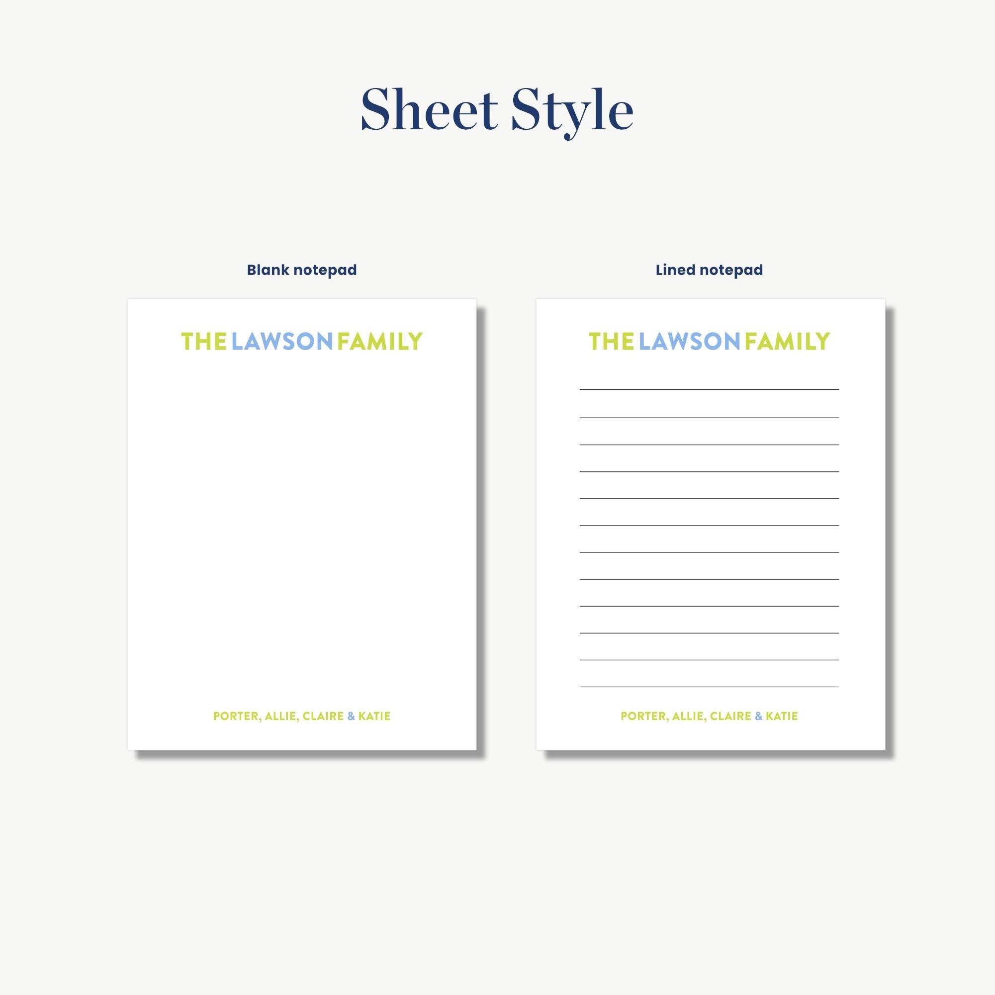 two blank notepads with the same design, labeled as "The Lawson Family" and "The Lawson Family" respectively.