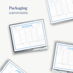 several blue and white calendar pads with various names and dates listed on them.