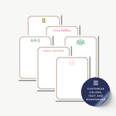 a collection of personalized stationery items, including blank cards with monogrammed initials and a label that says "CUSTOMIZE COLORS, TEXT AND MONGRAMS".