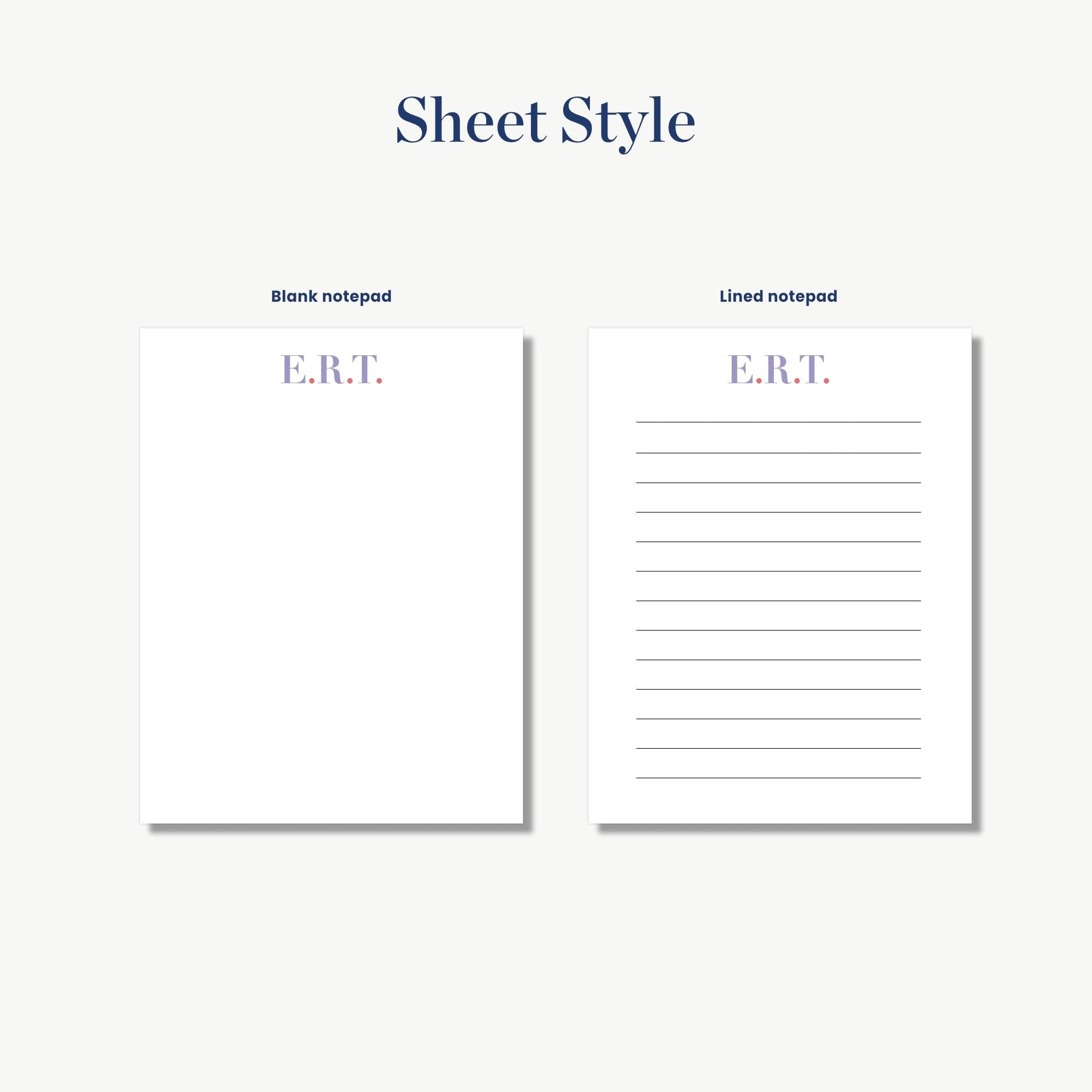 two blank notepads with the same design, labeled as "Blank notepad" and "Lined notepad".