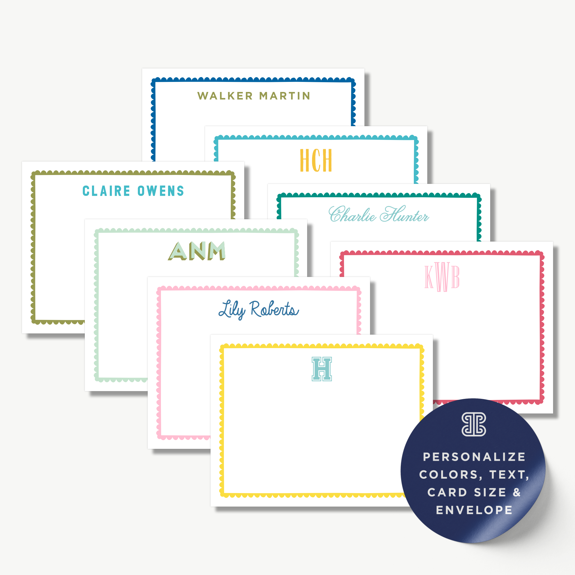 a collection of personalized name cards with various names and monogrammed initials, as well as a blue envelope with a personalized design.