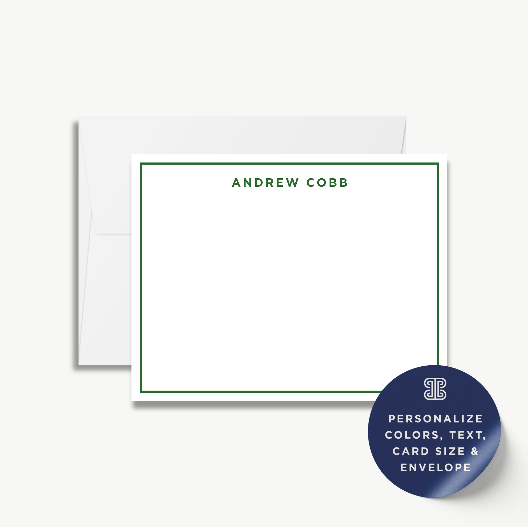 a white card with a green border, and there is a blue envelope with a sticker on it.
