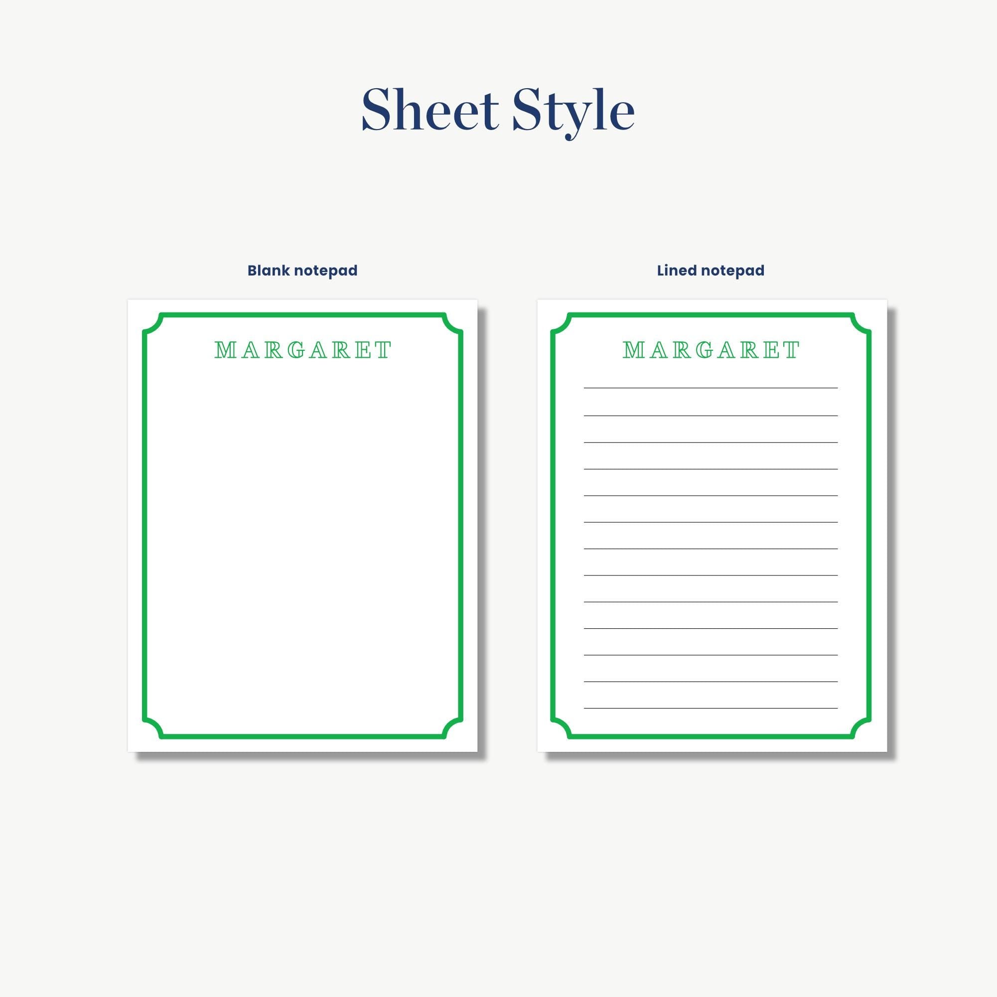 two blank notepads with a green border, labeled "MARGARET" in the center. The notepads are lined and appear to be blank, ready for use.
