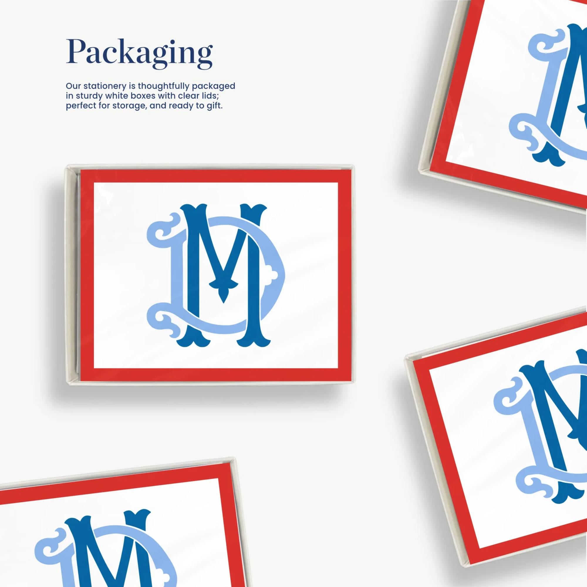 a collection of four identical square images, each featuring a blue and red monogram with the letters "MD" prominently displayed.