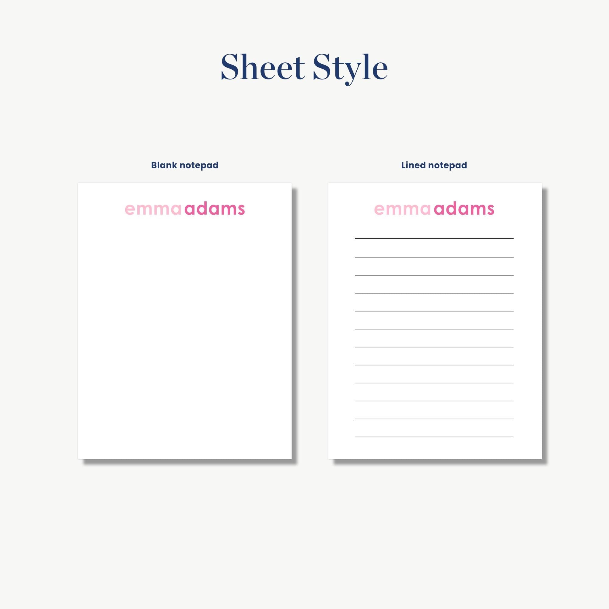two blank notepads with different styles: a blank pad and a lined pad.