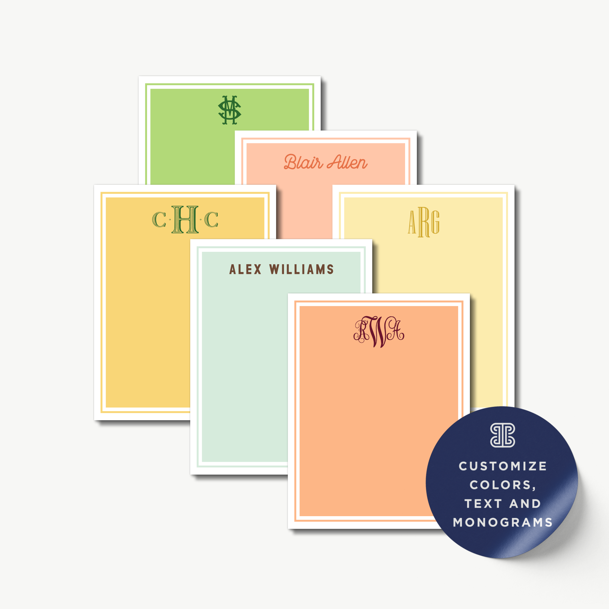 a collection of personalized stationery items, including name cards and monogrammed notes, with various colors and designs.