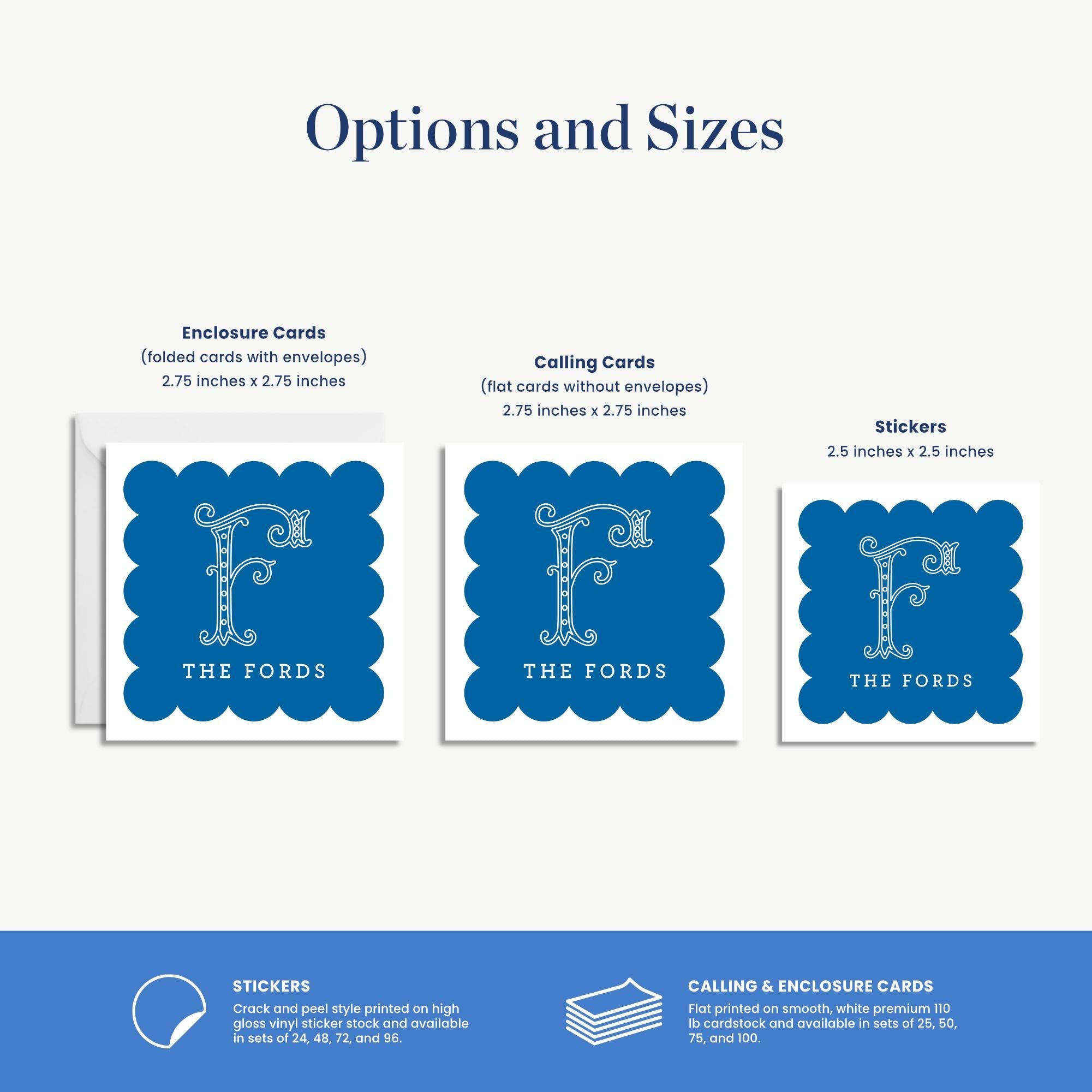 three different types of cards: Enclosure Cards, Calling Cards, and Stickers. Each type of card has a specific size and purpose.