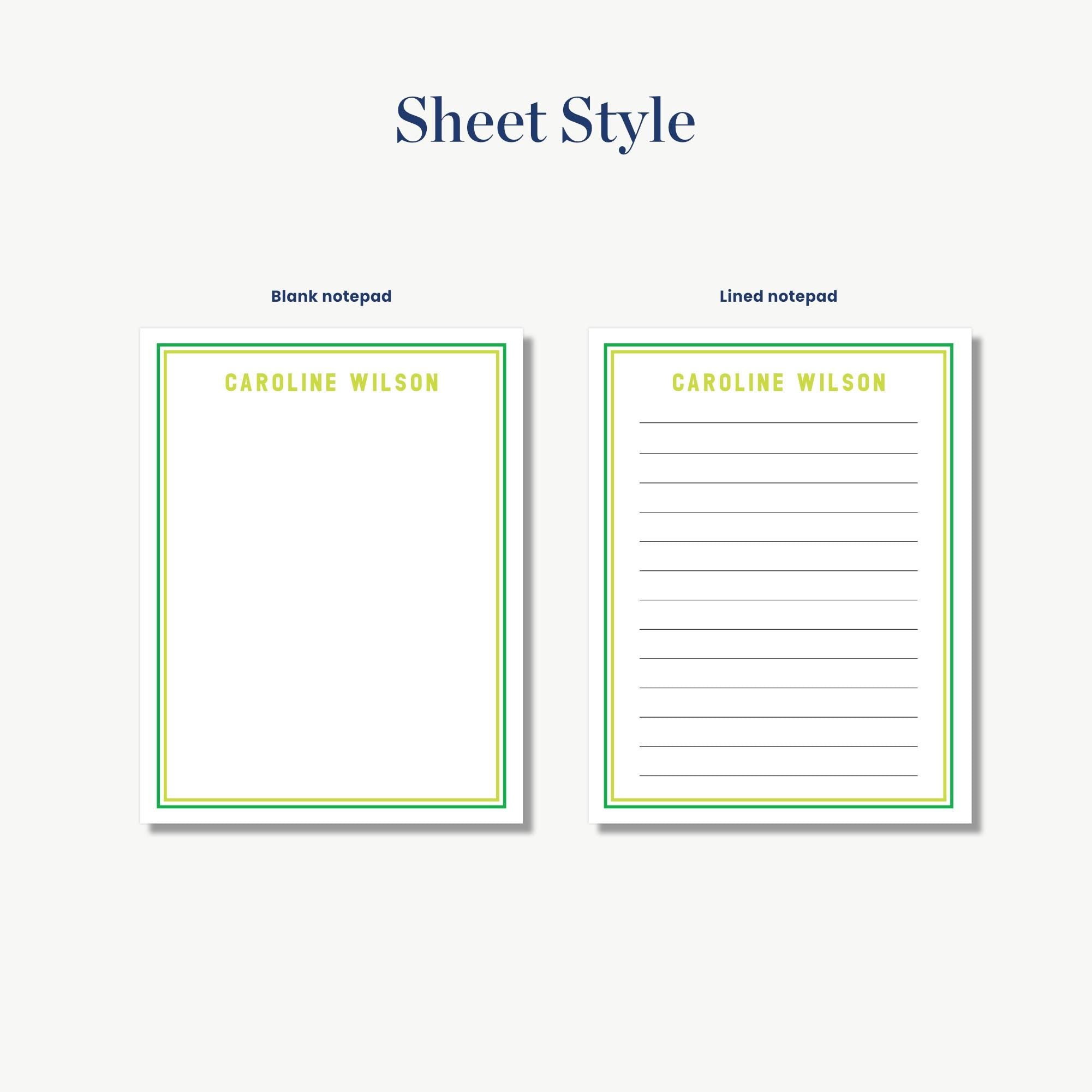 two blank notepads with a green border, labeled "Caroline Wilson" in the center.
