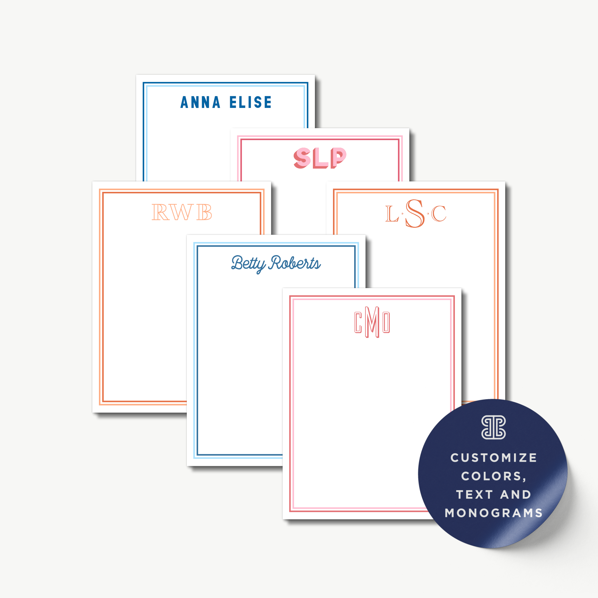 a collection of personalized notepads with monogrammed initials, each with a unique color and design.