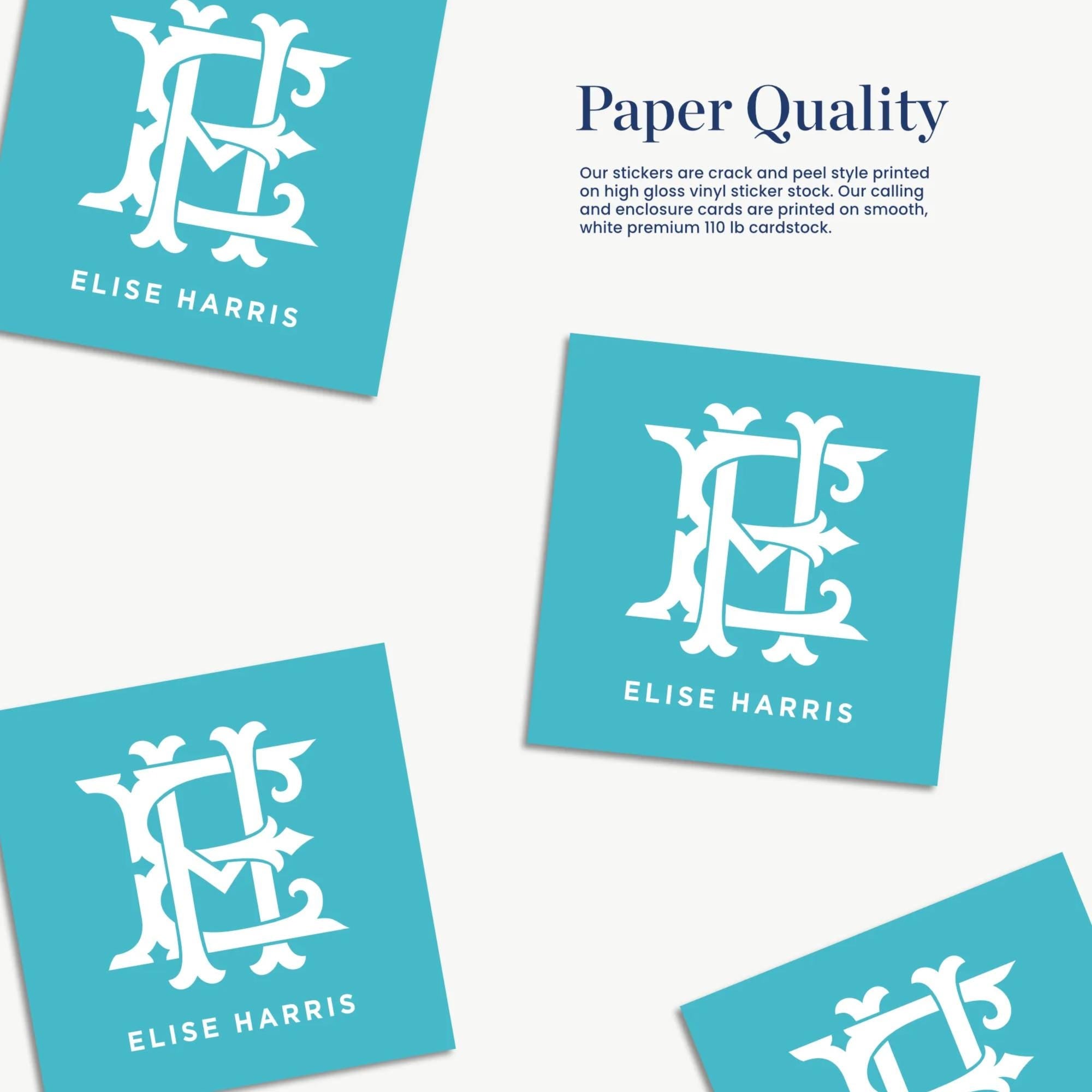 a collection of blue stickers with the initials "ELISE HARRIS" printed on them.