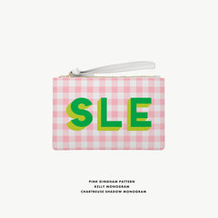 pink gingham Shadow Monogram Wristlet Clutch Personalized leather Clutch Custom Initials Saffiano Vegan Leather Gifts for her Bridal Gifts