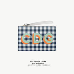 navy gingham Shadow Monogram Leather Clutch Personalized Wristlet Clutch Custom Initials Saffiano Gifts for her Cute Gifts Bridal Gifts