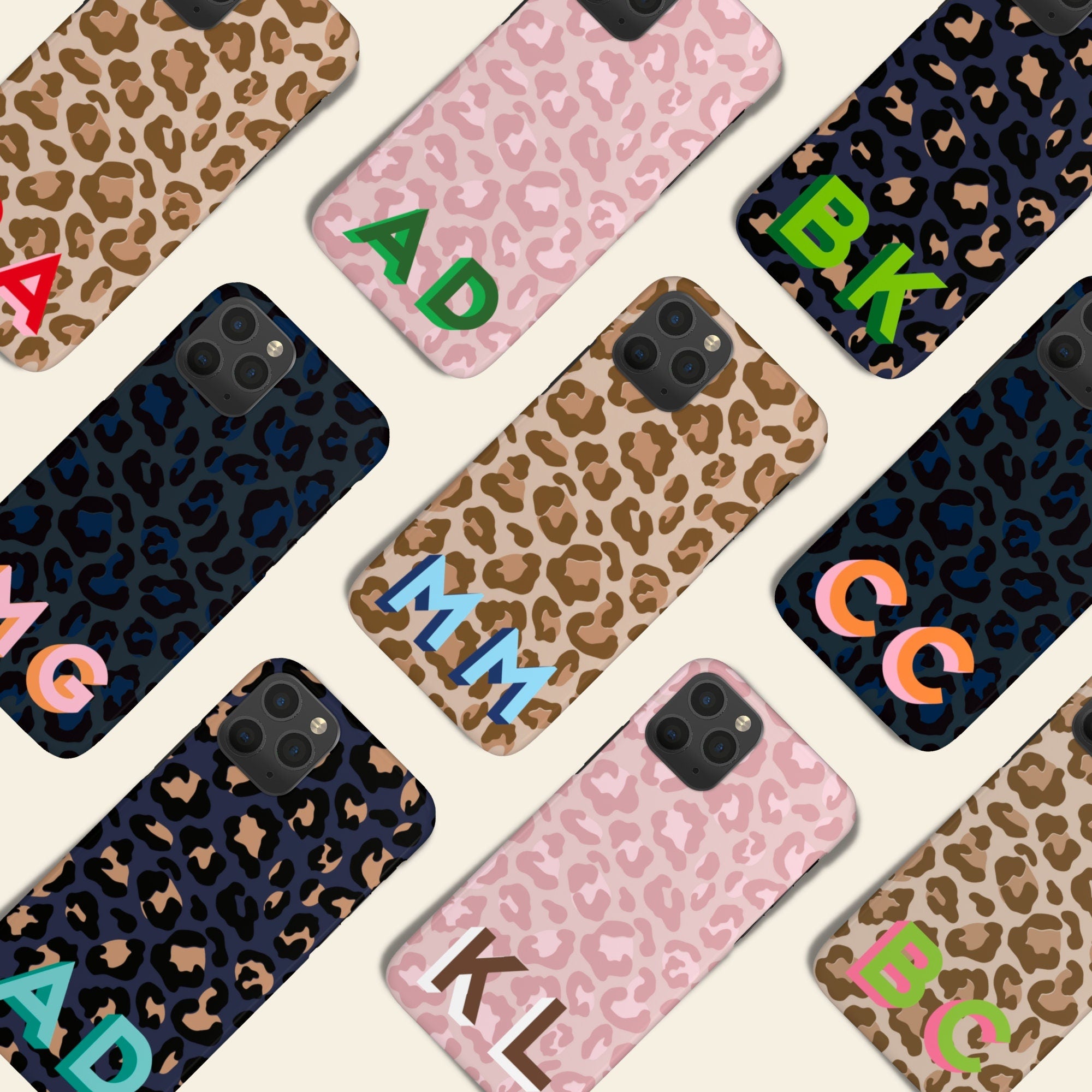Leopard Shadow Monogram Personalized Bottom Initial iPhone 12 Case Custom iPhone 13 Pro Case iPhone 11 XS 8 7 Plus XR Samsung Galaxy