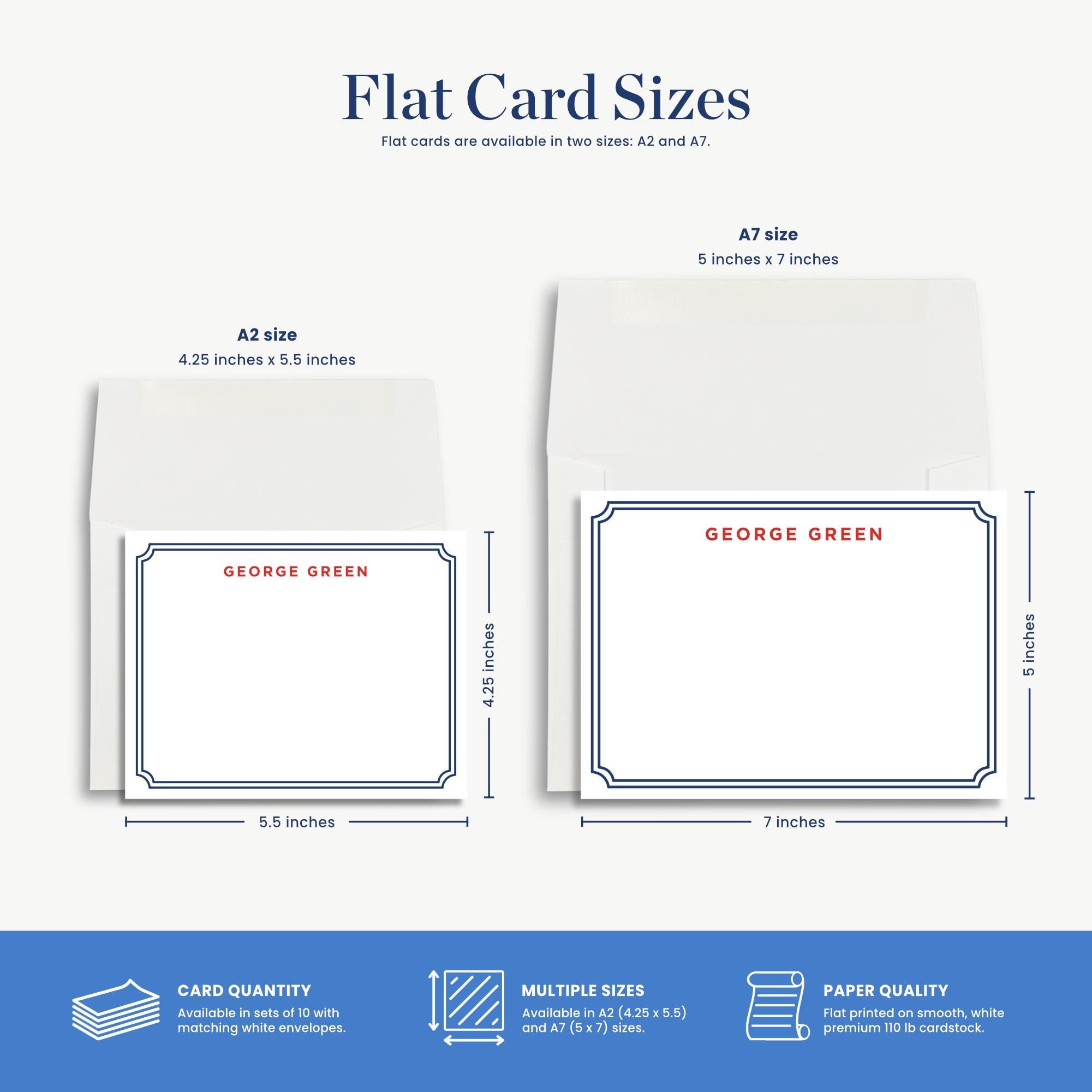 two flat cards, each with a different size and design, along with their respective dimensions and features.