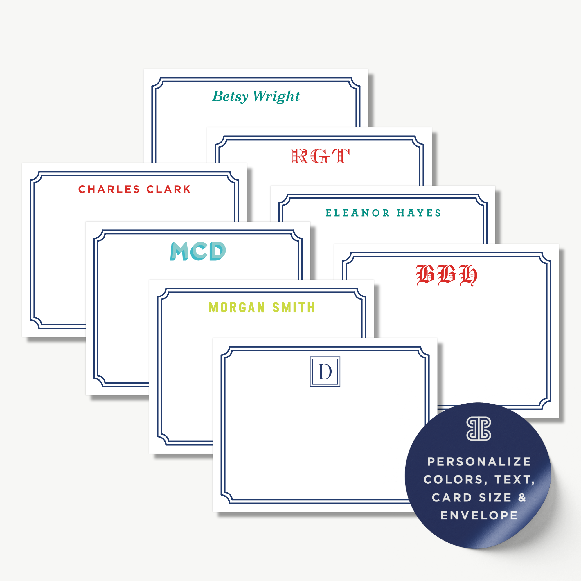 a collection of personalized name cards with various names and monograms, including Charles Clark, RGT, Eleanor Hayes, MCD, and Morgan Smith. The cards are arranged in a row, showcasing the different names and monograms.