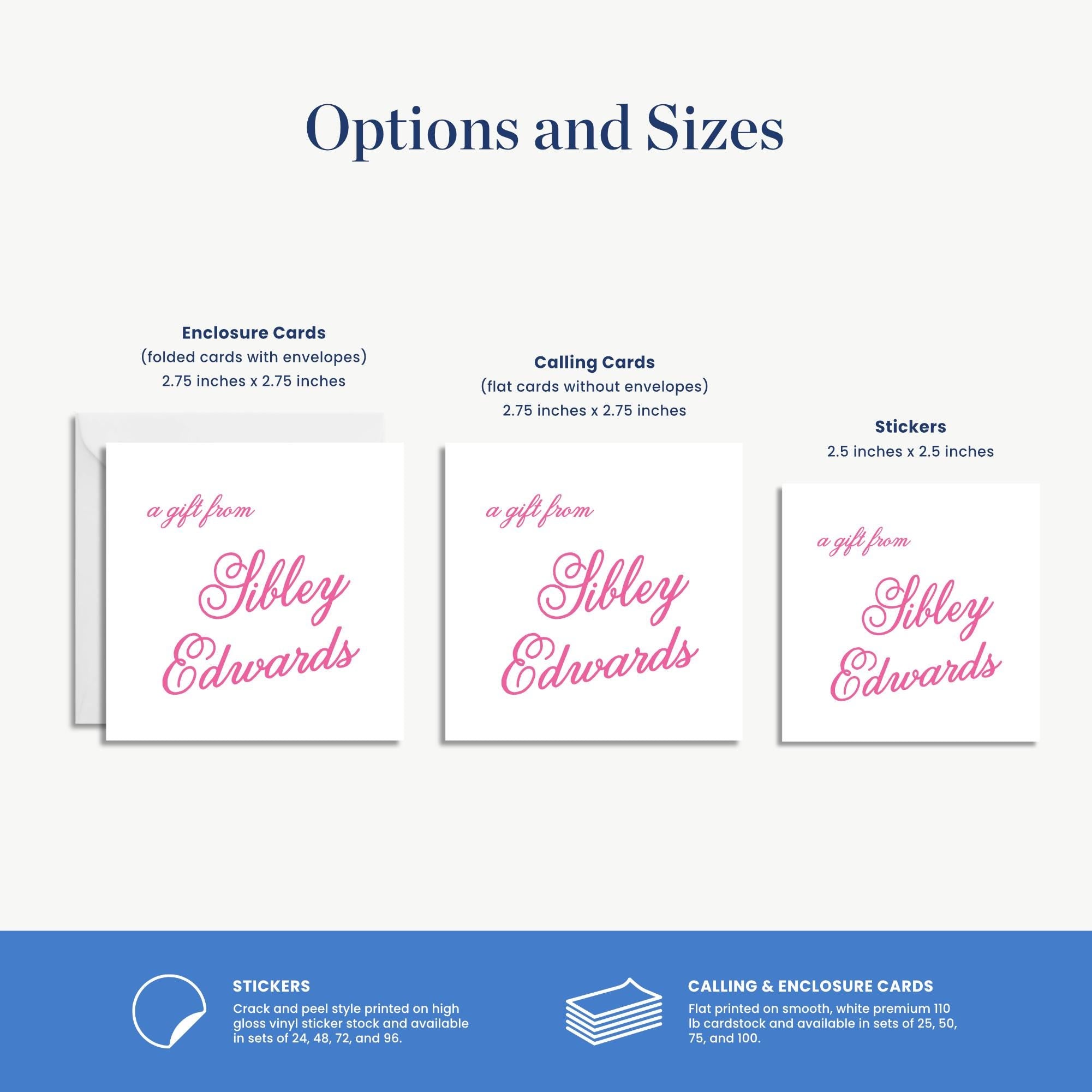 three different options and sizes of enclosures and stickers, along with a description of each option and size.