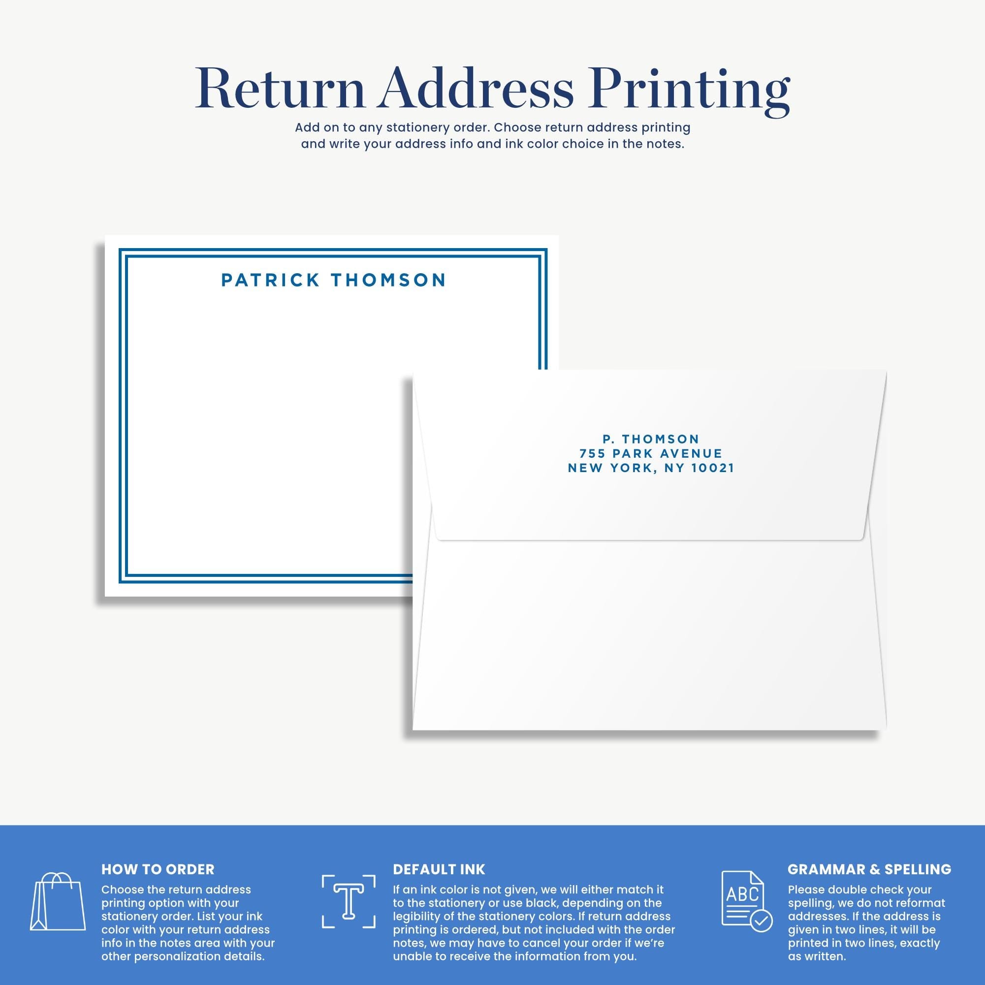 The image is a return address printing guide that provides instructions on how to order a return address, including the choice of return address printing and the option to write the address in the notes.