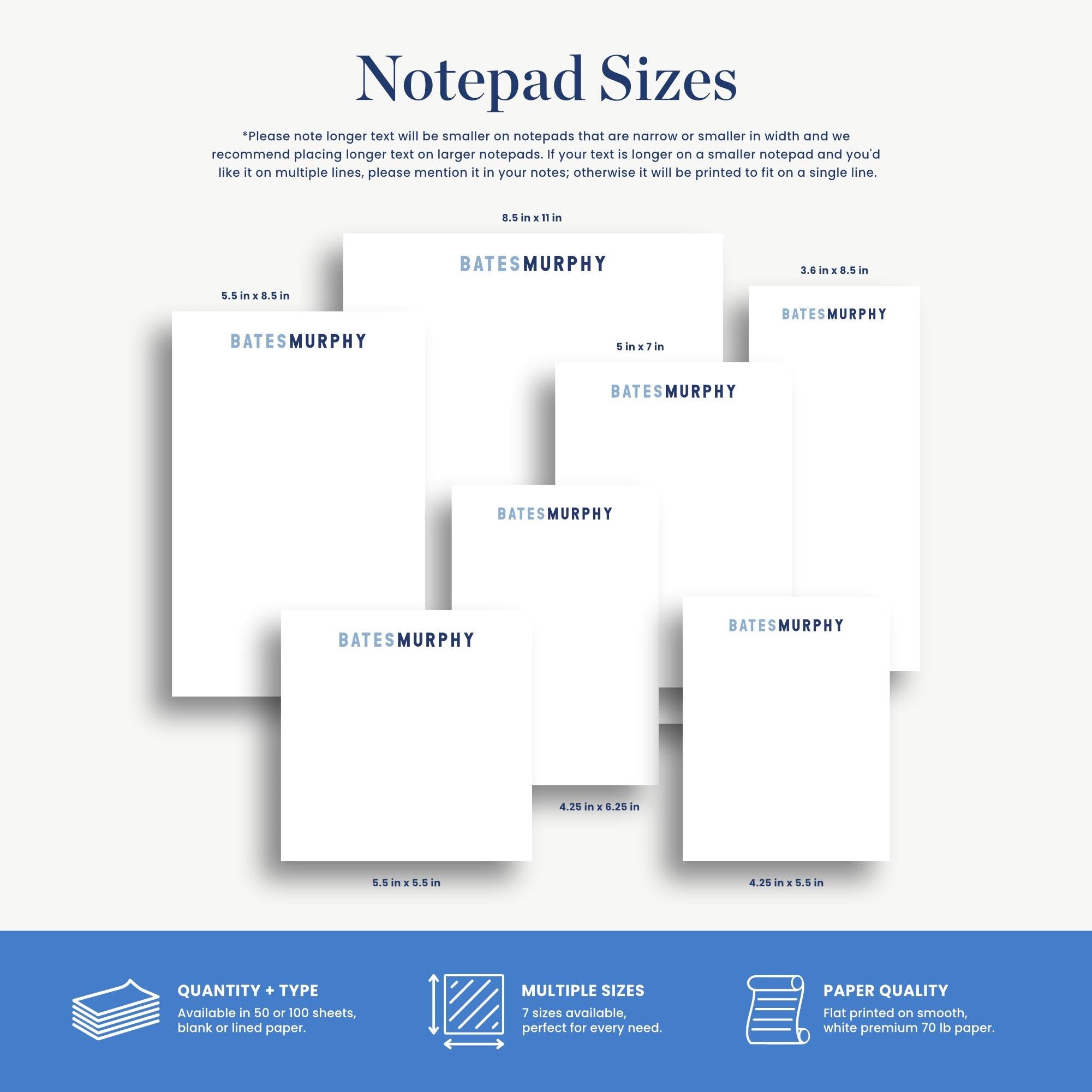 a variety of notebook sizes, including 5.5 x 5.5, 5.5 x 6.5, and 5.5 x 7.5 inches, as well as a note pad with a 5.5 x 5.5 inch size.