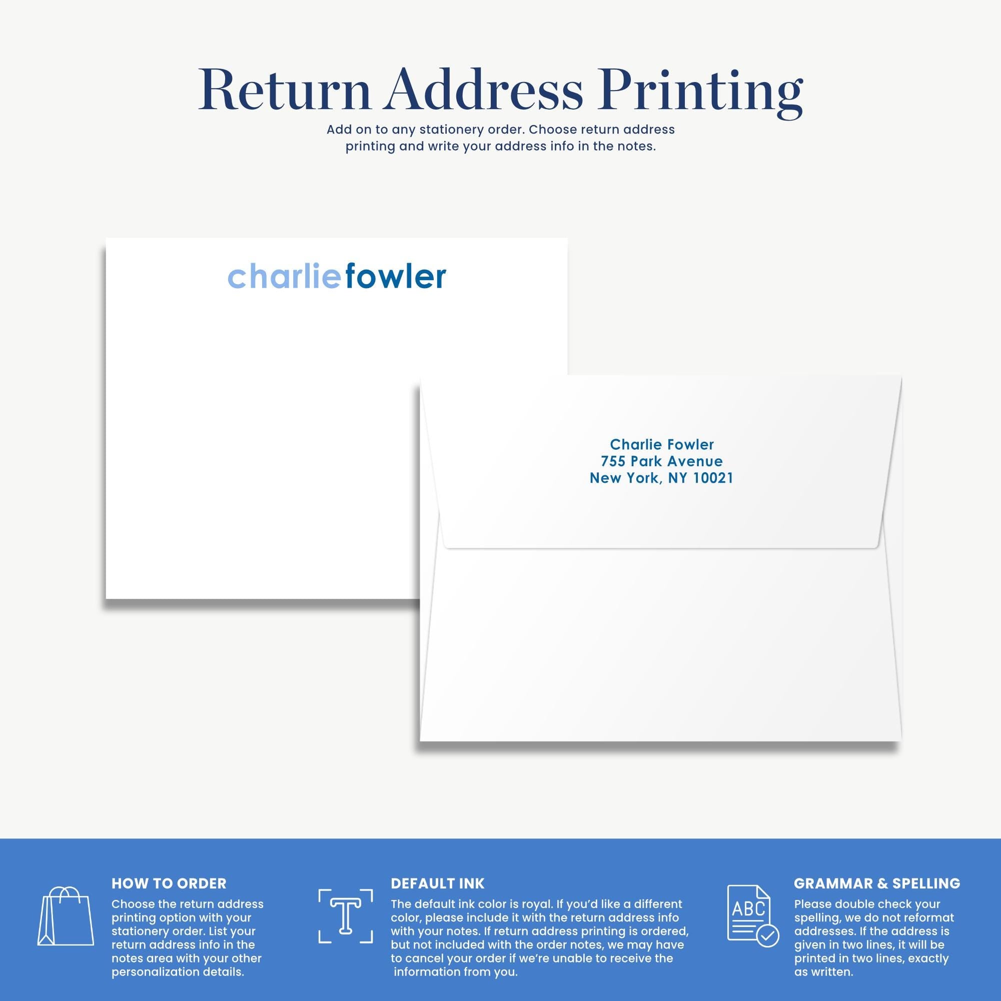 The image is a return address printing guide that provides instructions on how to order a return address, including choosing the return address, printing and writing the address into the notes, and adding a personalized touch.