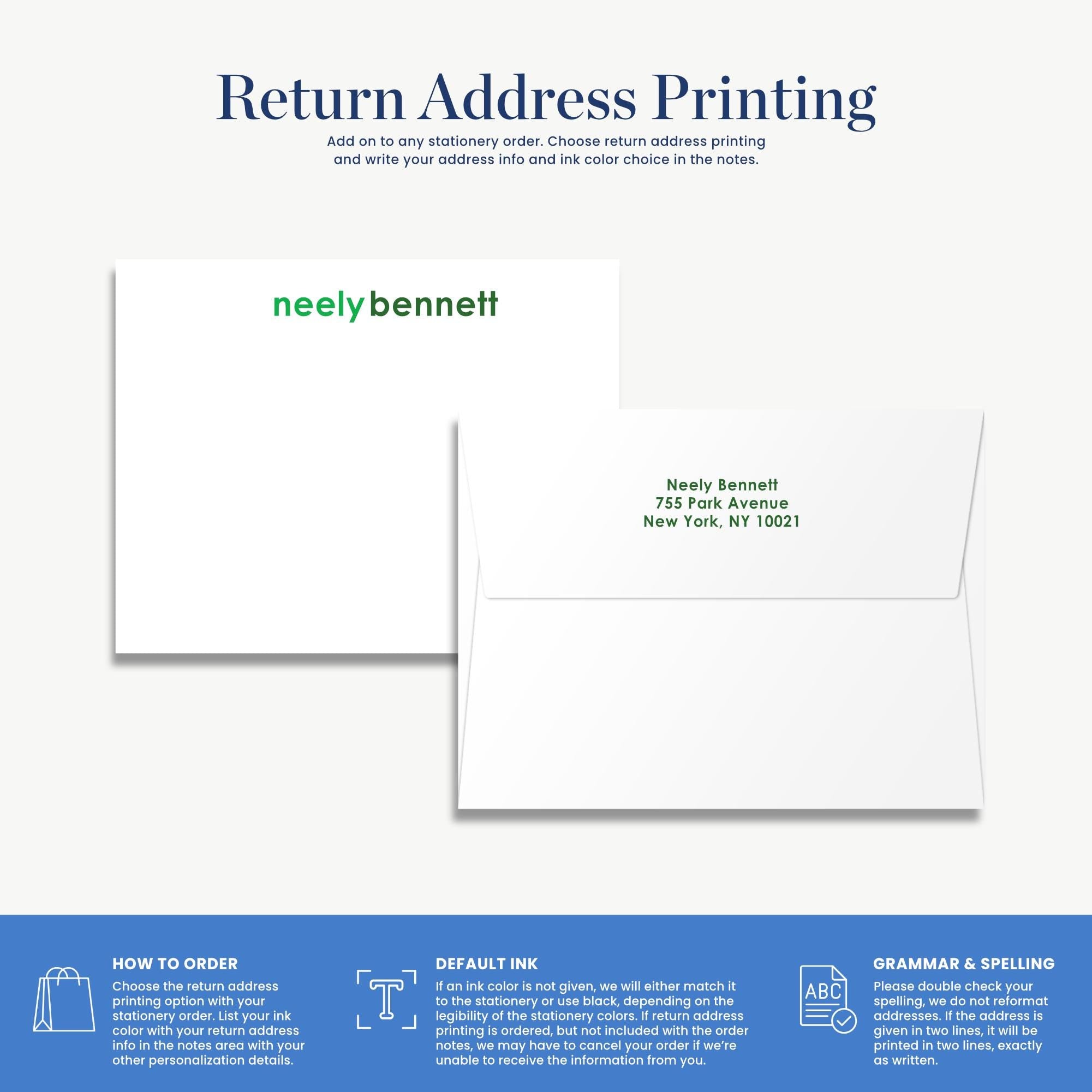 The image is a return address printing guide that provides instructions on how to order a return address, including the choice of return address printing and the option to write the address in the notes.