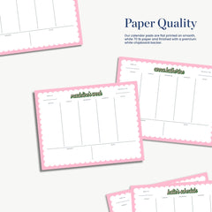 a collection of pink-bordered paper pads with blank pages, likely used for planning or organizing tasks.