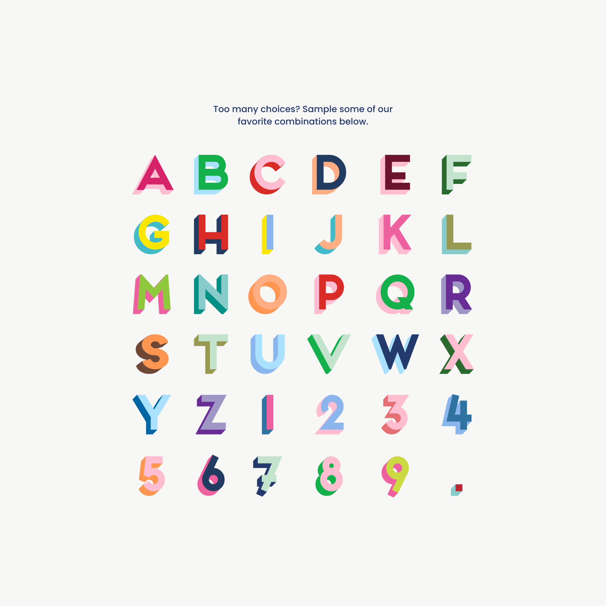 shadow alphabet, colorful custom alphabet for stationery