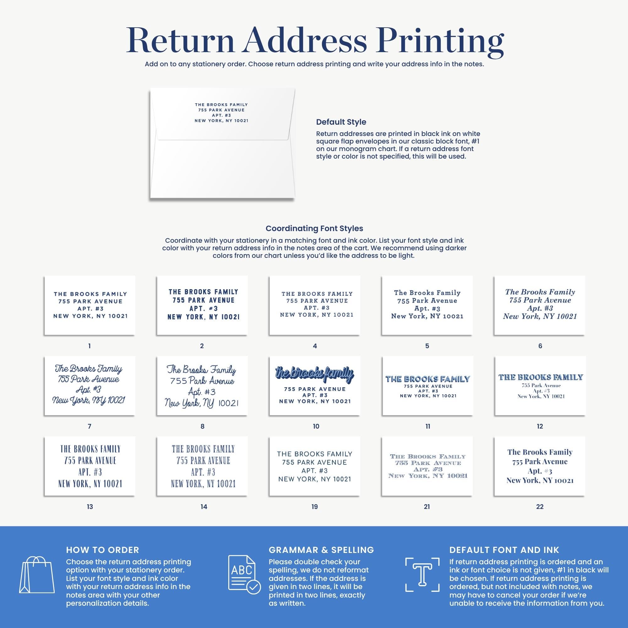 a blue and white business card with the words return address printing